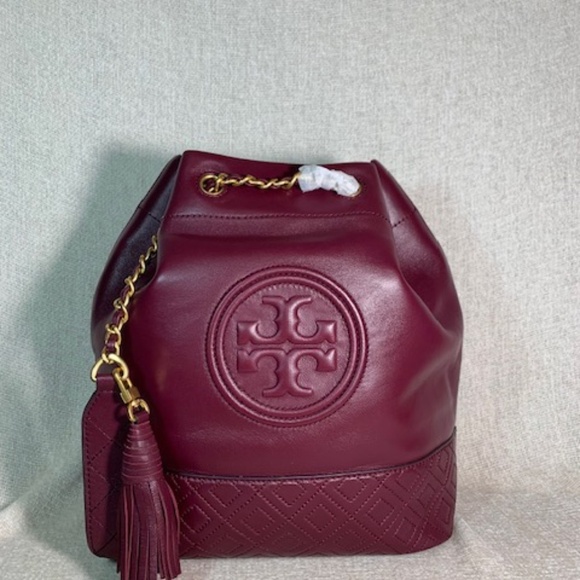 NEW Tory Burch Fleming Imperial Garnet Burgundy Leather Medium Bucket Tote Bag - Picture 3 of 12